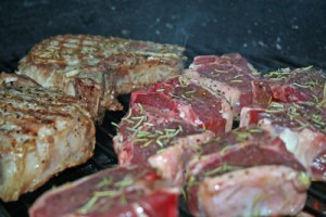 Lamb and pork chops on a Weber Kettle Grill